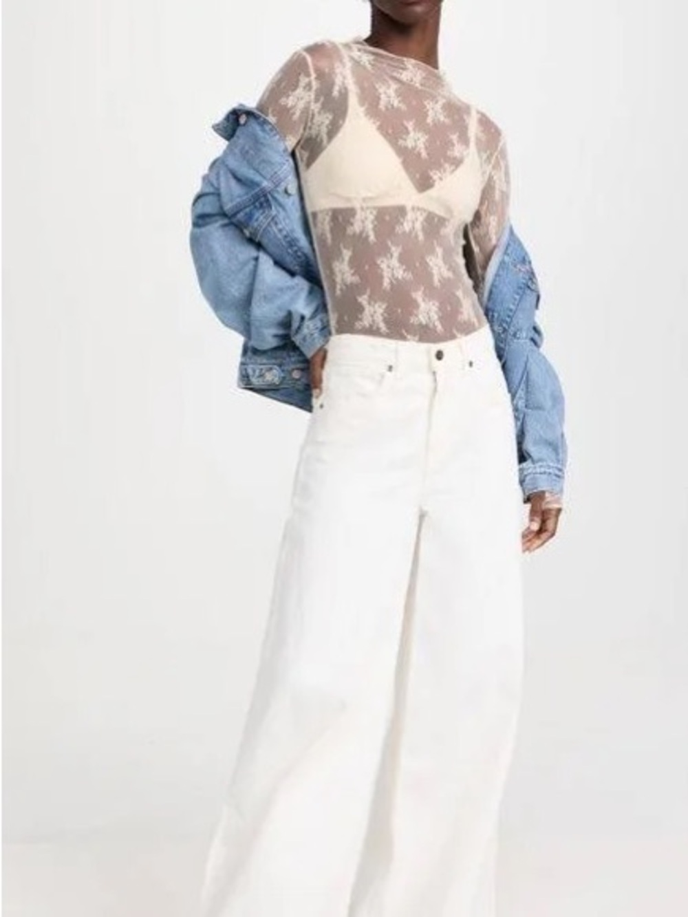 Sheer Long-Sleeve Floral Lace Top in Ivory - Picture 5 of 12